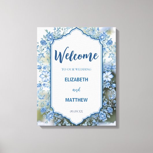 Modern Blauw & Wit Overlay Bloemen bruiloft Canvas Afdruk (Voorkant)