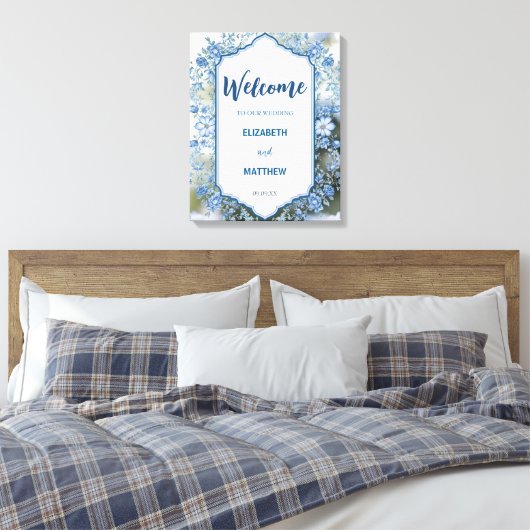 Modern Blauw & Wit Overlay Bloemen bruiloft Canvas Afdruk (Insitu (Slaapkamer))