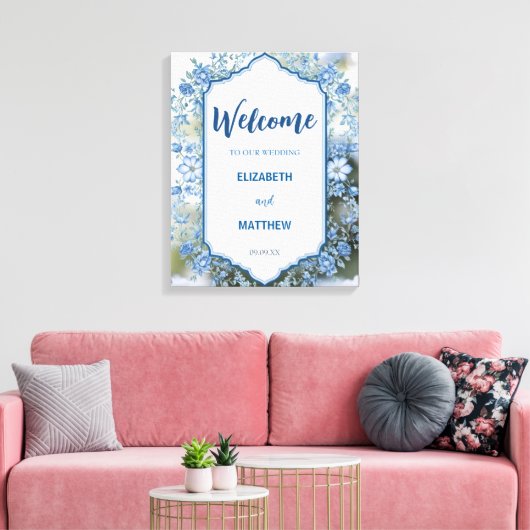 Modern Blauw & Wit Overlay Bloemen bruiloft Canvas Afdruk (Insitu (Woonkamer))