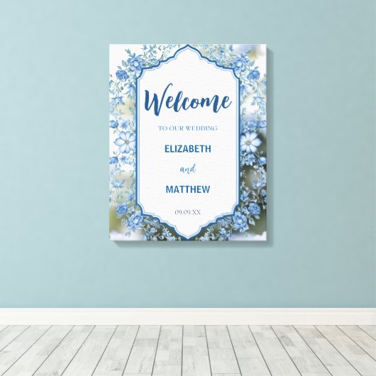 Modern Blauw & Wit Overlay Bloemen bruiloft Canvas Afdruk (Insitu (Houten vloer))