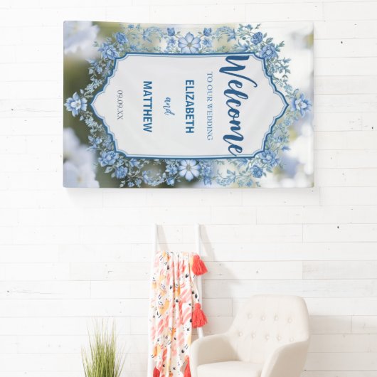Modern Blauw & Wit Overlay Bloemen bruiloft Spandoek (Insitu)