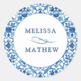 Modern Blauw & Wit Patroon Bruid & Bruidegom Huwel Ronde Sticker