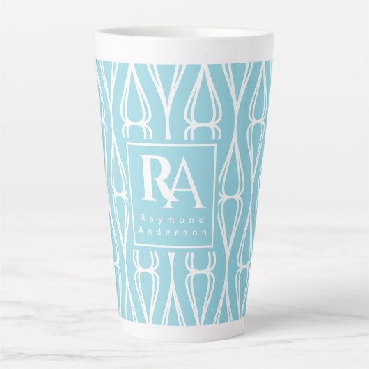 Modern Blauw Wit Patroon Monogram Latte Mok (Voorkant)