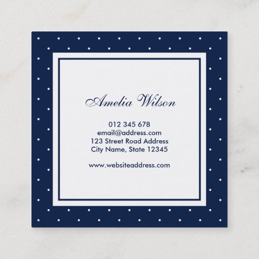 Modern blauw wit polka dot rood lint monogram vierkante visitekaartje (Achterkant)