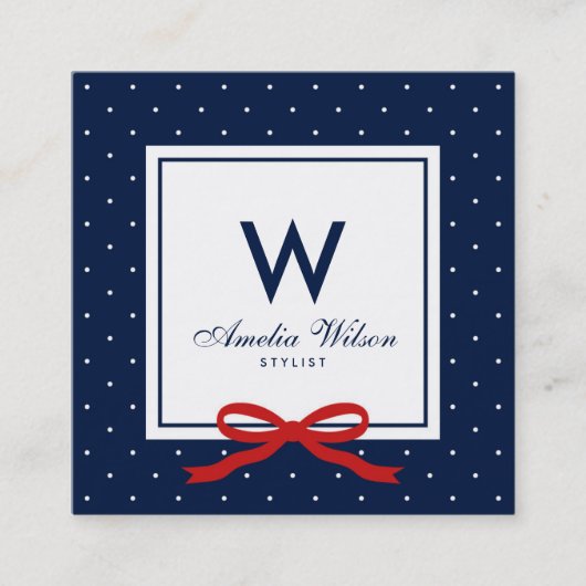Modern blauw wit polka dot rood lint monogram vierkante visitekaartje (Voorkant)