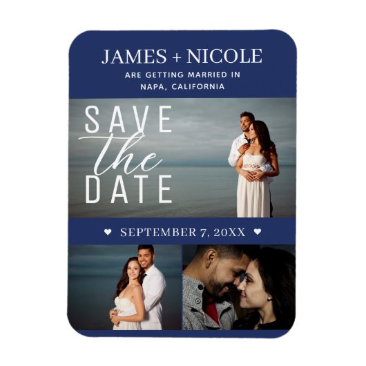 Modern Blauw & Wit Save the Date Wedding 3 Foto's Magneet (Verticaal)