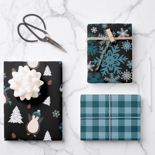 Modern blauw & wit Schattige pinguïn inpakpapier (Voorkant)