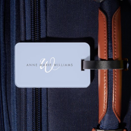 Modern Blauw Wit Schrift Monogram Bagagelabel (Achterkant Insitu 2)