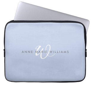 Modern Blauw Wit Script Monogram Laptop Sleeve