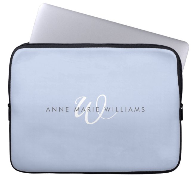 Modern Blauw Wit Script Monogram Laptop Sleeve (Voorkant)