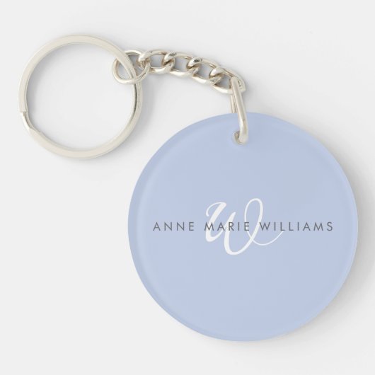 Modern Blauw Wit Script Monogram Sleutelhanger (Voorkant)