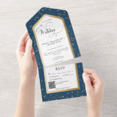 Modern blauw & wit sterrengoud QR-code All In One Uitnodiging (Afscheurbaar)