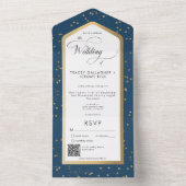 Modern blauw & wit sterrengoud QR-code All In One Uitnodiging (Binnen)