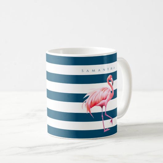 Modern Blauw Wit Streep Roze Flamingo Aangepaste N Koffiemok (Voorkant rechts)