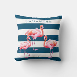 Modern Blauw Wit Streep Roze Flamingo Aangepaste N Kussen