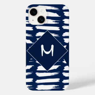 Modern blauw, wit stripe monogram, aangepast Case-Mate iPhone 14 hoesje