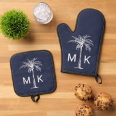Modern blauw wit tropische palmboom monogram ovenwant & pannenlap set (Top down)