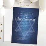 Modern Blauw Wit Typografie Formele Bar Mitzvah Kaart<br><div class="desc">Mooie diepe tinten donkerblauw creëer een textuur als water op deze formele Bar Mitzvah uitnodiging. Elegant wit minimalistisch script met uw ceremonie en ontvangst details op een prachtige helling onder de subtiele Star of David om de volwassenheid van uw Joodse zoon te vieren.</div>