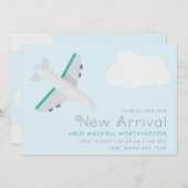 Modern Blauw & Wit Vliegtuig Baby Geboorte Aankondiging (Voorkant / Achterkant)
