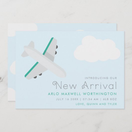 Modern Blauw & Wit Vliegtuig Baby Geboorte Aankondiging (Voorkant / Achterkant)