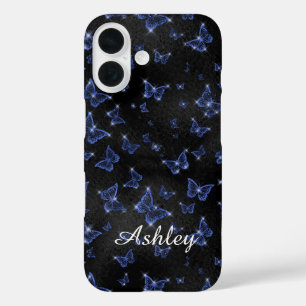 Modern blauw zilveren script naam vlinders iPhone 16 hoesje
