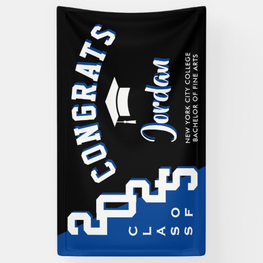 Modern Blauw Zwart Afstuderen Klasse van 2025 Part Spandoek (Verticaal)
