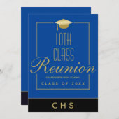 Modern Blauw Zwart Goud Script 10e Klasse Reünie Kaart (Voorkant / Achterkant)