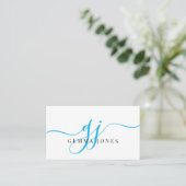 Modern Blauw Zwart Monogram Vrouwelijk Script Naam Visitekaartje (Staand voorkant)