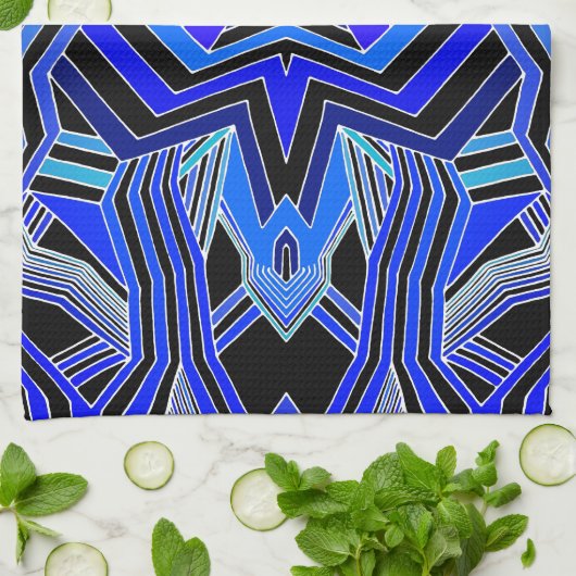 Modern blauw zwart & wit geometrisch theedoek (Gevouwen)