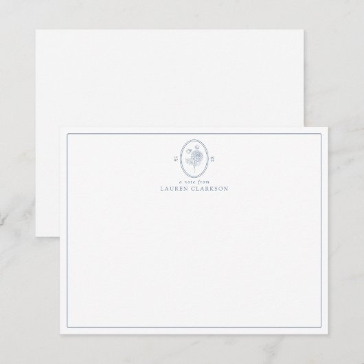 Modern, Blauwe Bloemen Ovaal Monogram Note Kaart (Voorkant / Achterkant)
