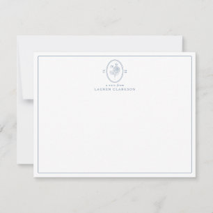 Modern, Blauwe Bloemen Ovaal Monogram Note Kaart