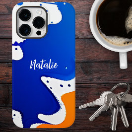 Modern Blauwe & Oranje Verfspatten Monogram Case-Mate iPhone 14 Pro Max Hoesje