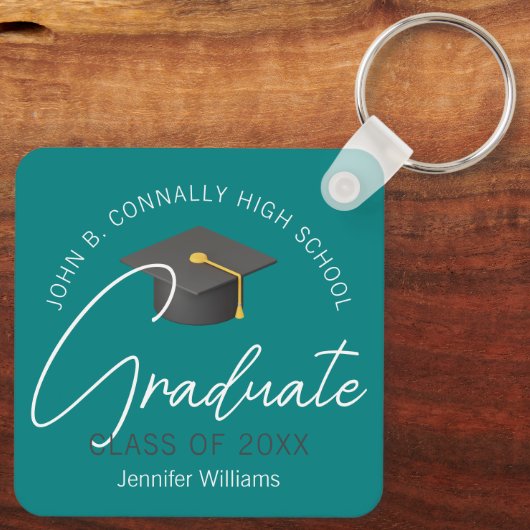 Modern Blauwgroen Afstuderen Custom 2025 Afstudere Sleutelhanger (Achterkant)