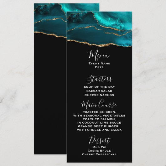 Modern Blauwgroen Agaat & Goud Lint op Zwart Menu Kaart (Voorkant / Achterkant)