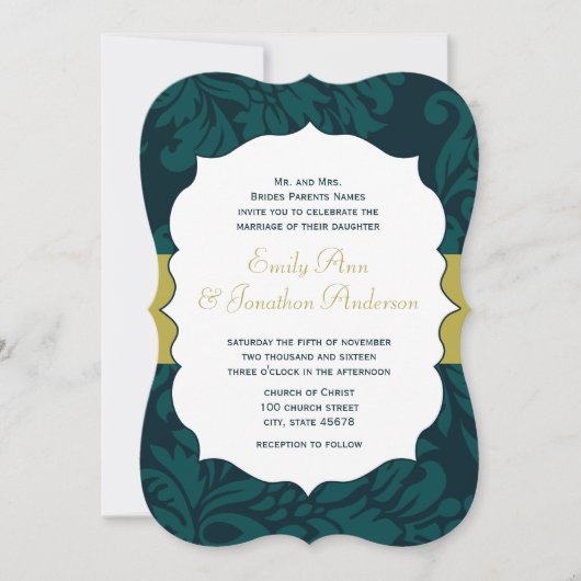 Modern Blauwgroen Aqua en Limoen Damask Wedding In Kaart (Voorkant)