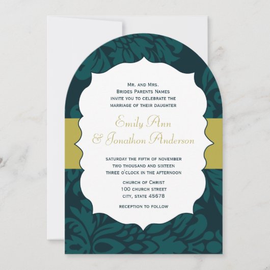 Modern Blauwgroen Aqua en Limoen Damask Wedding In Kaart (Voorkant)