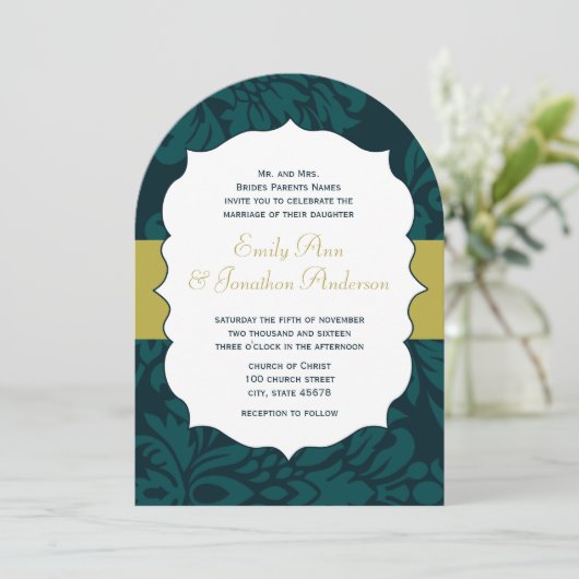 Modern Blauwgroen Aqua en Limoen Damask Wedding In Kaart (Staand voorkant)