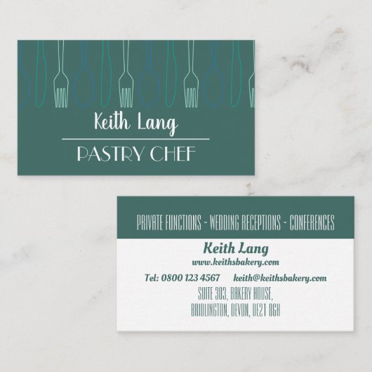 Modern Blauwgroen bestekdesign professionele chef- Visitekaartje (Voorkant / Achterkant)