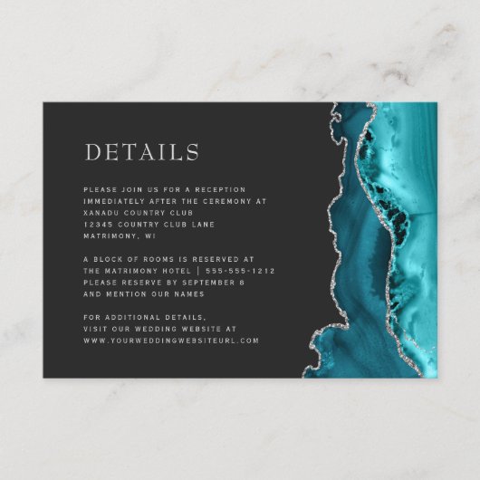 Modern Blauwgroen Blauw Agaat Zilver Donker Bruilo Informatiekaartje (Voorkant)