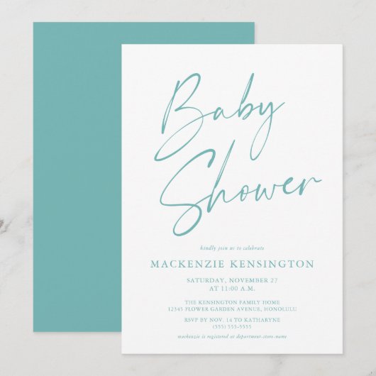 Modern Blauwgroen Blauw Eenvoudig Baby shower van Kaart (Voorkant / Achterkant)
