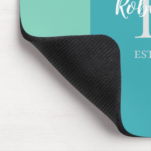 Modern Blauwgroen, blauw en koraalroze monogram Muismat (Hoek)