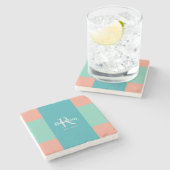 Modern Blauwgroen, blauw en koraalroze monogram Stenen Onderzetter (Zijkant)