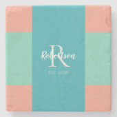 Modern Blauwgroen, blauw en koraalroze monogram Stenen Onderzetter (Voorkant)