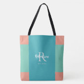 Modern Blauwgroen, blauw en koraalroze monogram Tote Bag (Voorkant)