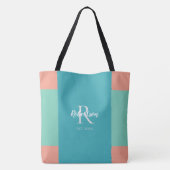 Modern Blauwgroen, blauw en koraalroze monogram Tote Bag (Achterkant)