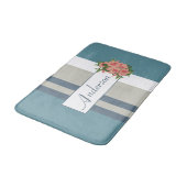 Modern Blauwgroen blauw en Tan Striped Floral Badmat (Gekanteld)