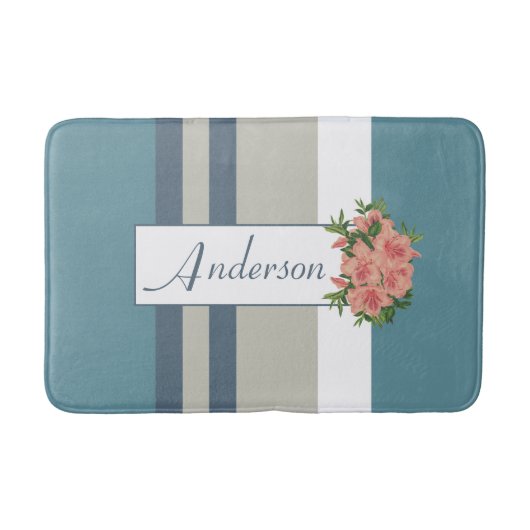 Modern Blauwgroen blauw en Tan Striped Floral Badmat (Voorkant)