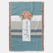 Modern Blauwgroen blauw en Tan Striped Floral Deken (Voorkant Verticaal)