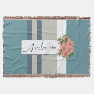 Modern Blauwgroen blauw en Tan Striped Floral Deken
