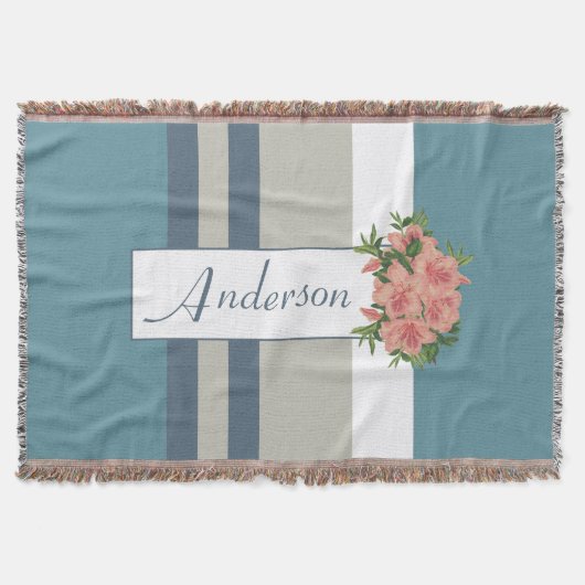 Modern Blauwgroen blauw en Tan Striped Floral Deken (Voorkant)